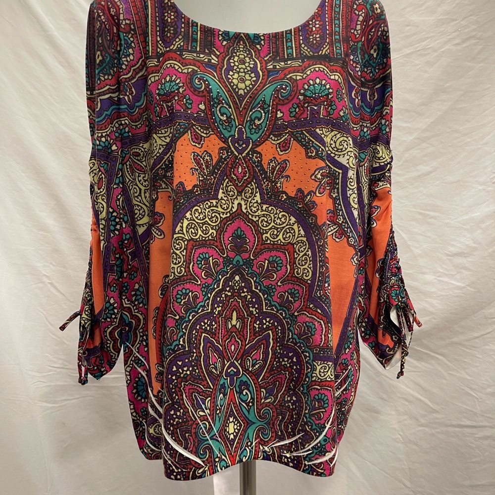 Chico's Orange Red Graphic Tunic Relaxed Fit